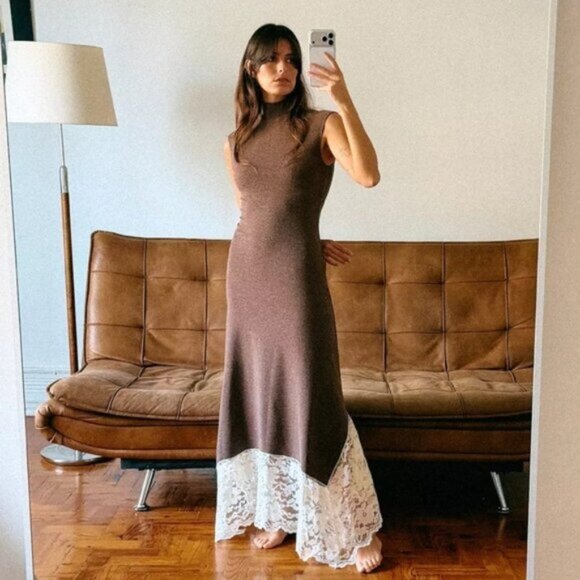 Zara LONG COMBINATION LACE DRESS - Picture 1 of 7